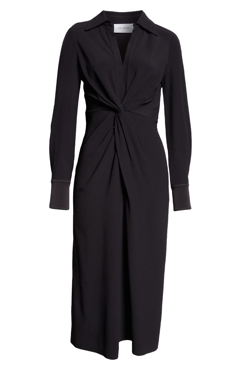 ST. JOHN Twist Front Long Sleeve Crepe Back Satin Midi Shirtdress, Alternate, color,