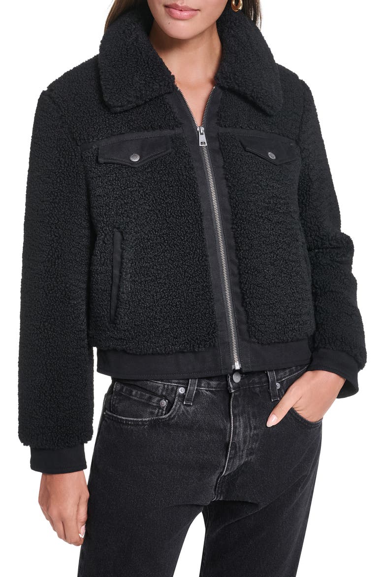 Fleece & Denim Bomber Jacket, Main, color, BLACK