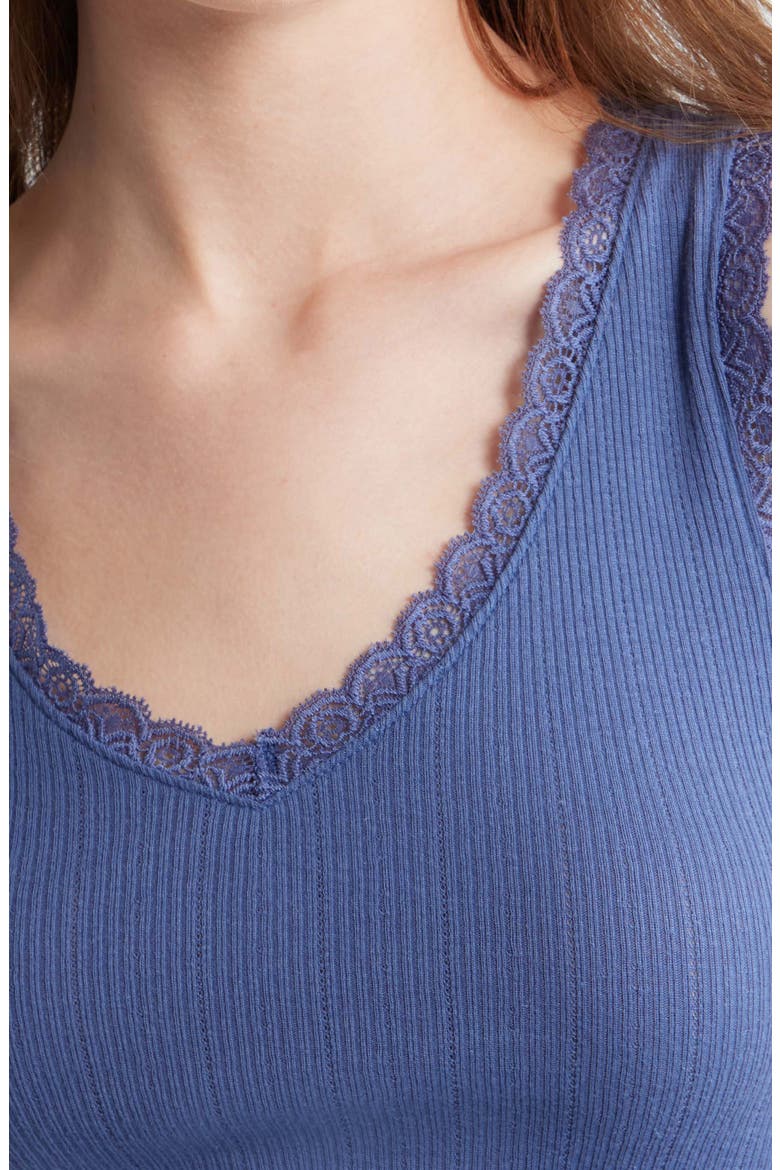 Pointelle Lace Trim Cotton Blend V-Neck Tank, Alternate, color, BLUE INDIGO