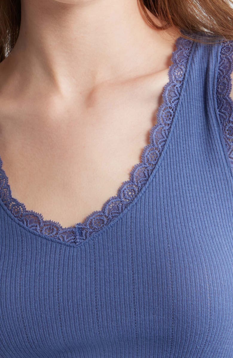 Treasure & Bond Pointelle Lace Trim Cotton Blend V-Neck Tank, Alternate, color, Blue Indigo