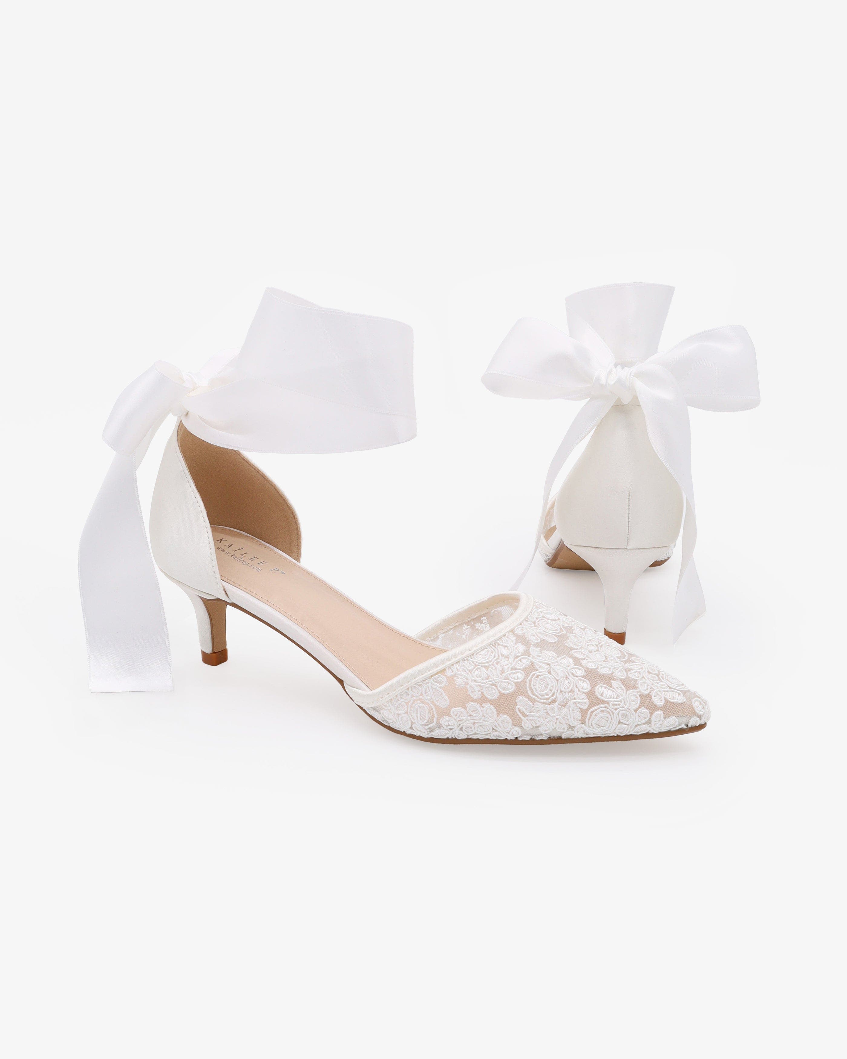 Kailee P Claudia Crochet Lace Pointy Toe Wedding Kitten Low Heel with Wrapped Satin Ribbon Tie, Alternate, color, White