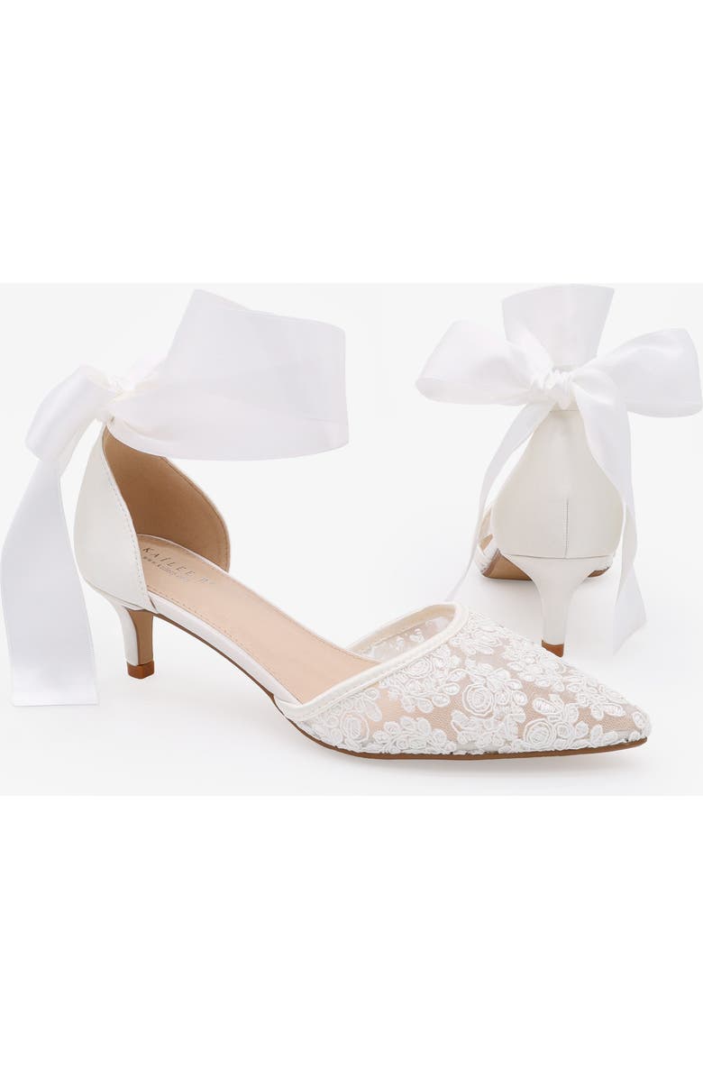 Kailee P Claudia Crochet Lace Pointy Toe Wedding Kitten Low Heel with Wrapped Satin Ribbon Tie, Alternate, color, White