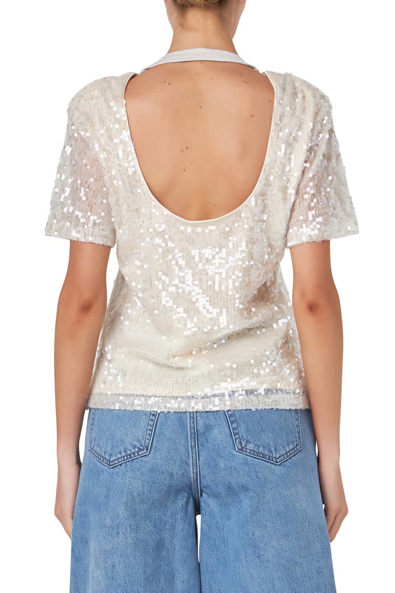 Sequin Padded Shoulder Back Cutout Top, Alternate, color, NUDE PINK