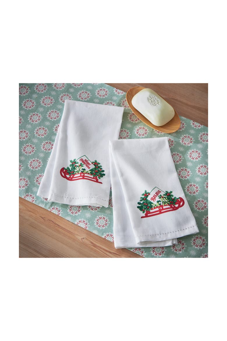 Holly Leaf Sled Christmas Guest Towel Multicolor Cotton, Alternate, color, White