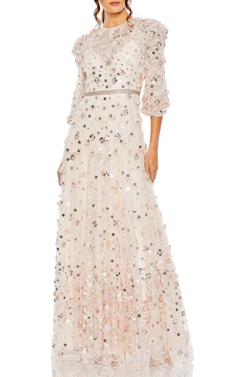 Mac Duggal Floral Applique Puff Sleeve High Neck A-line Gown In Blush