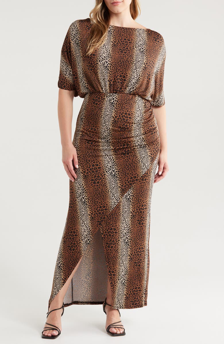 24seven Comfort Apparel Boat Neck Batwing Sleeve Stretch Dress, Main, color, Brown Multi