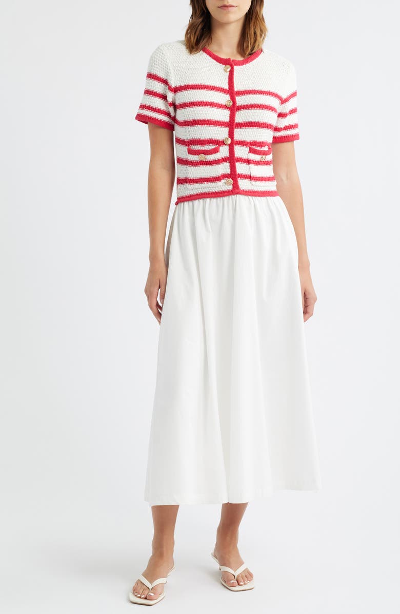 ZOE AND CLAIRE Stripe Mixed Media Cotton Dress, Main, color, Red