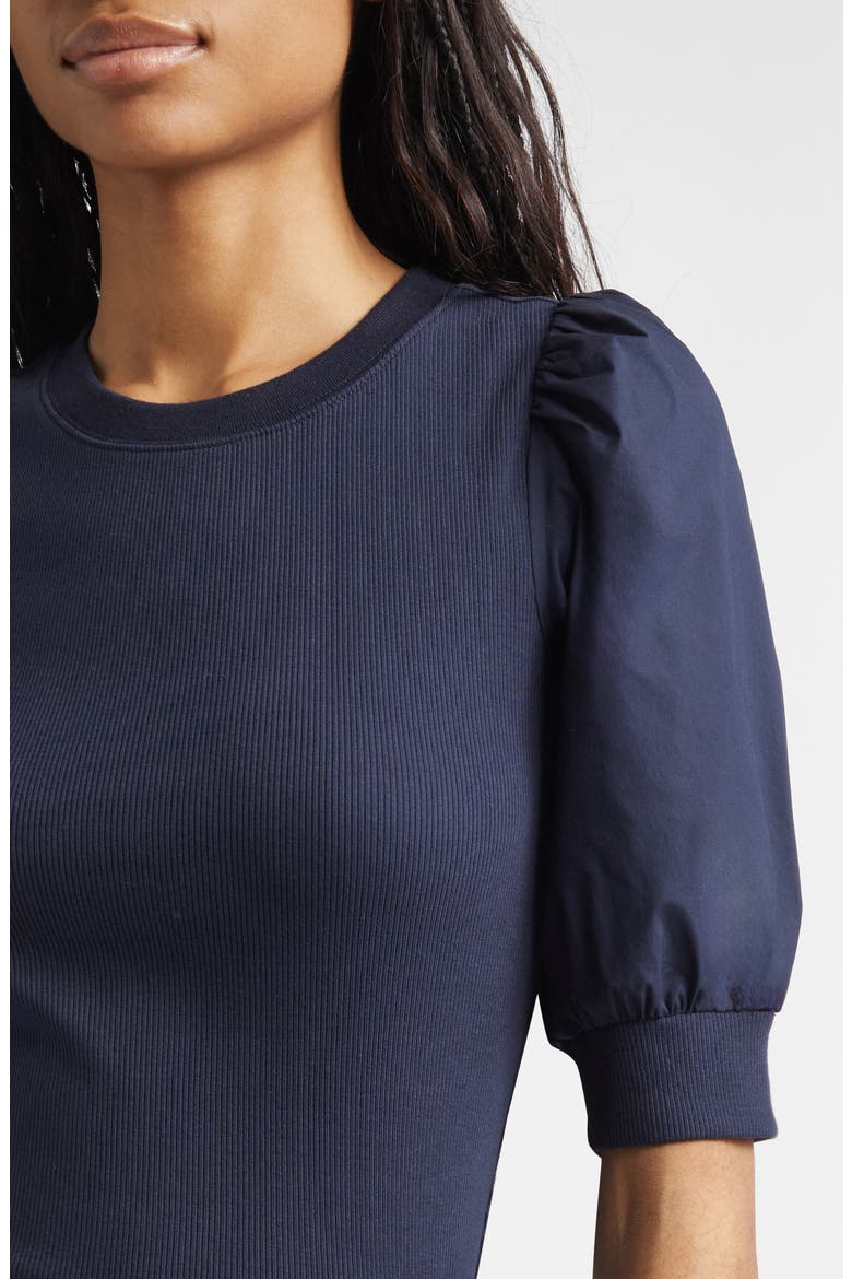 Coralee Mixed Media Puff Sleeve Stretch Cotton Top, Alternate, color, NAVY