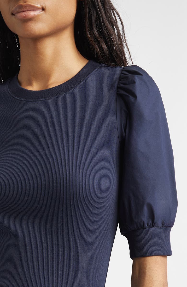 Veronica Beard Coralee Mixed Media Puff Sleeve Stretch Cotton Top, Alternate, color, Navy