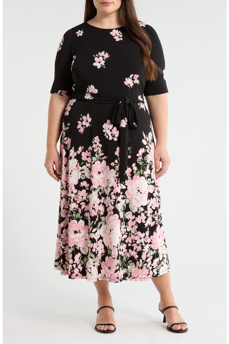 Floral Print Fit & Flare Midi Dress, Main, color, BLACK/ TUTU MULTI