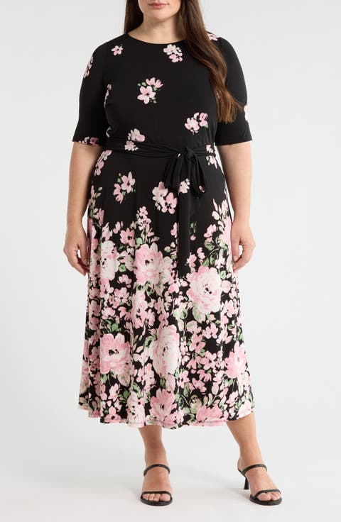 Floral Print Fit & Flare Midi Dress (Plus)