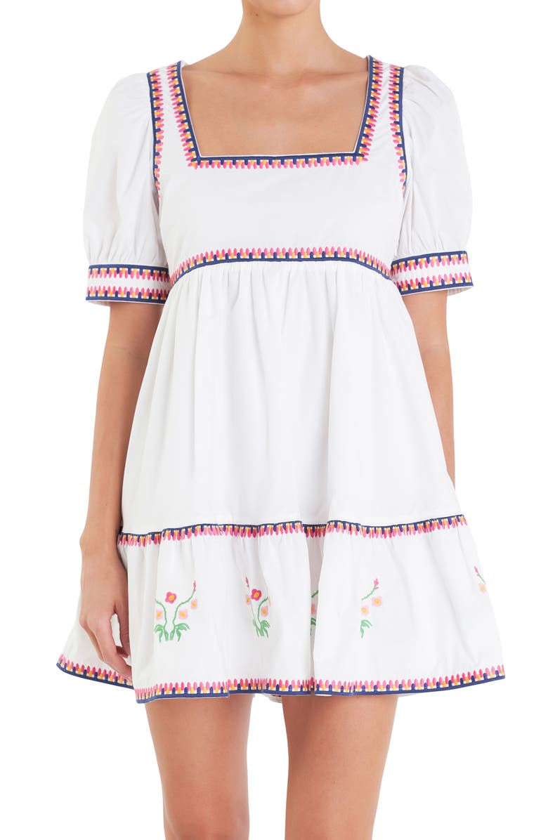 English Factory Embroidered Puff Sleeve Cotton Babydoll Dress, Alternate, color, Ivory Multi