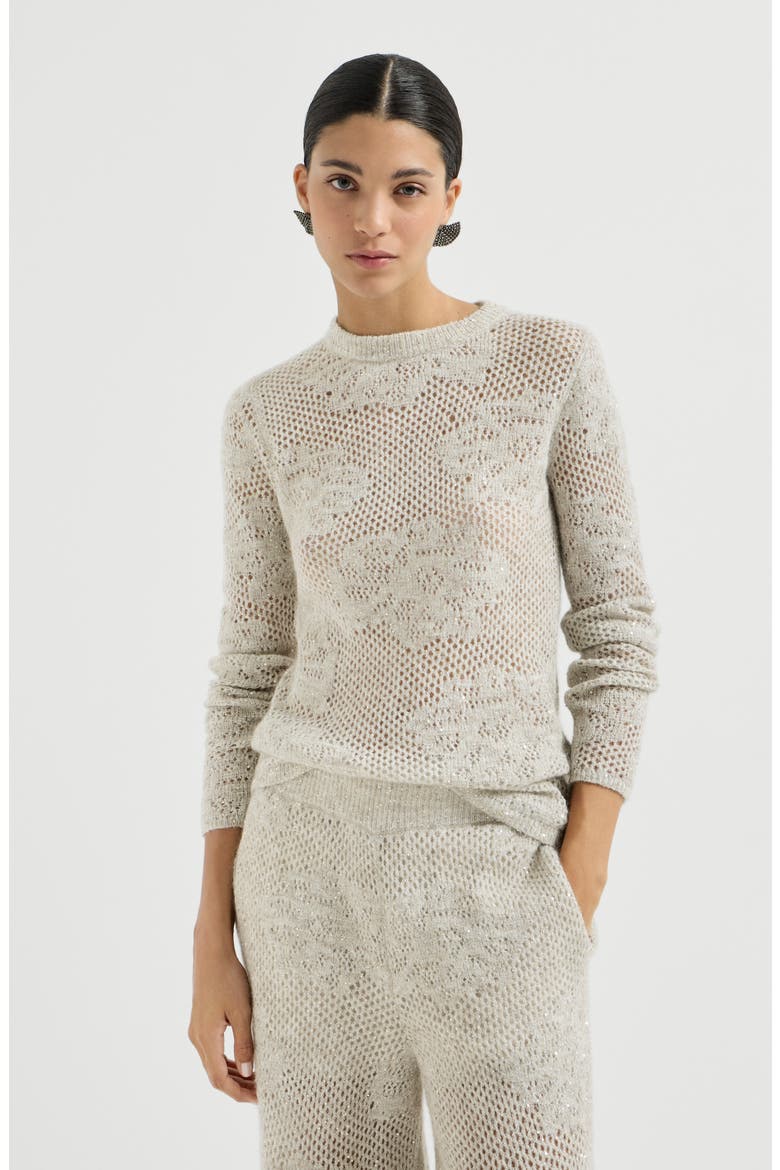 Lace flowers sweater in sparkling mohair and virgin wool, Main, color, Ivory