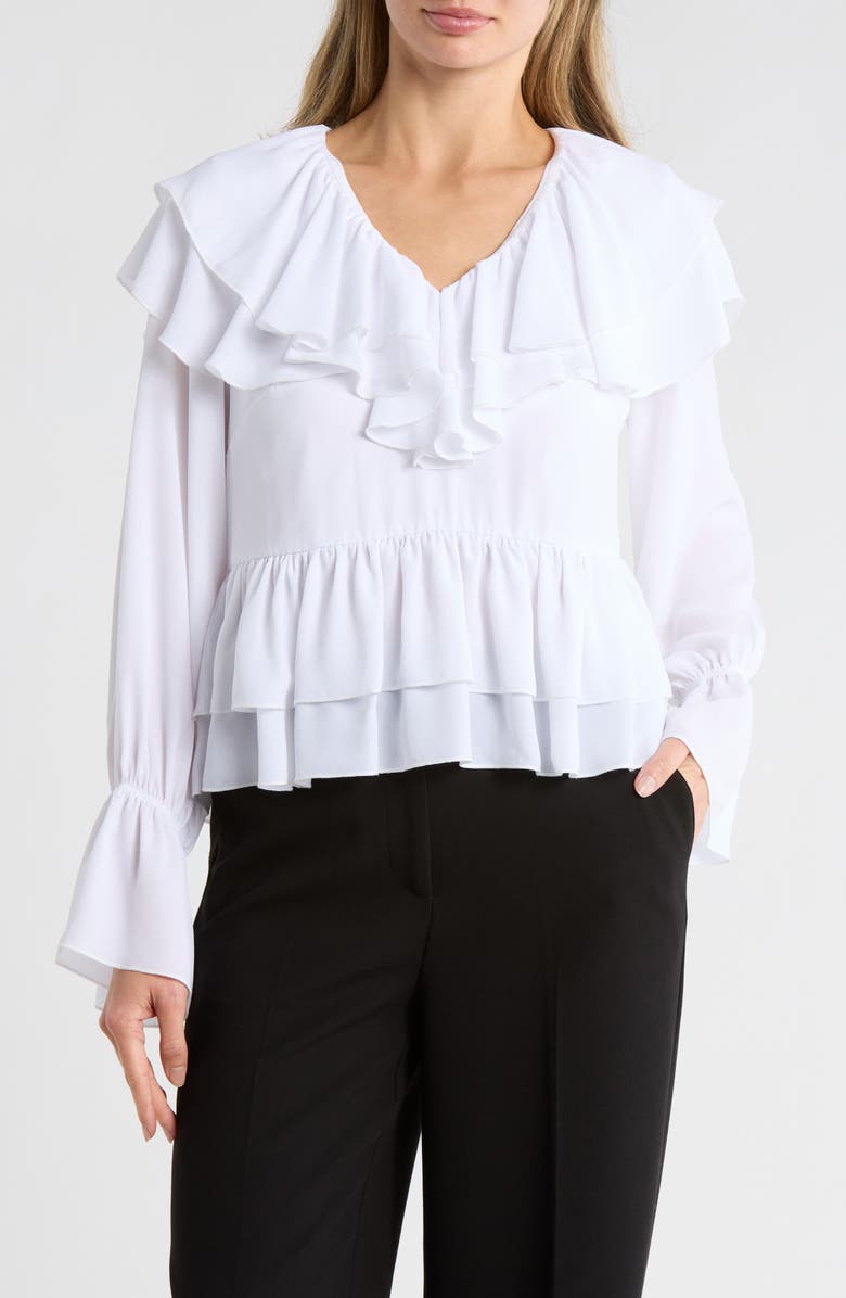 AREA STARS Trista Ruffle Long Sleeve Peplum Top, Main, color, White