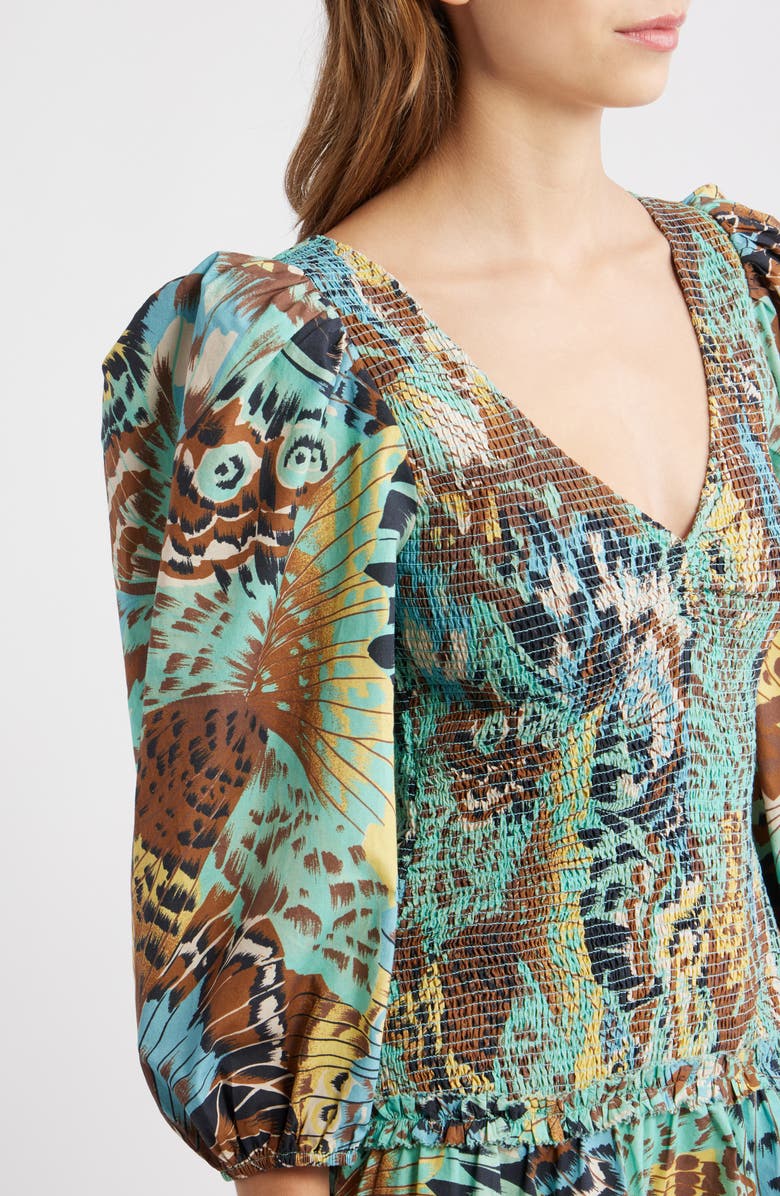 LOVE THE LABEL Audrey Smocked Layered Ruffle Long Sleeve Dress, Alternate, color, Born To Fly Print