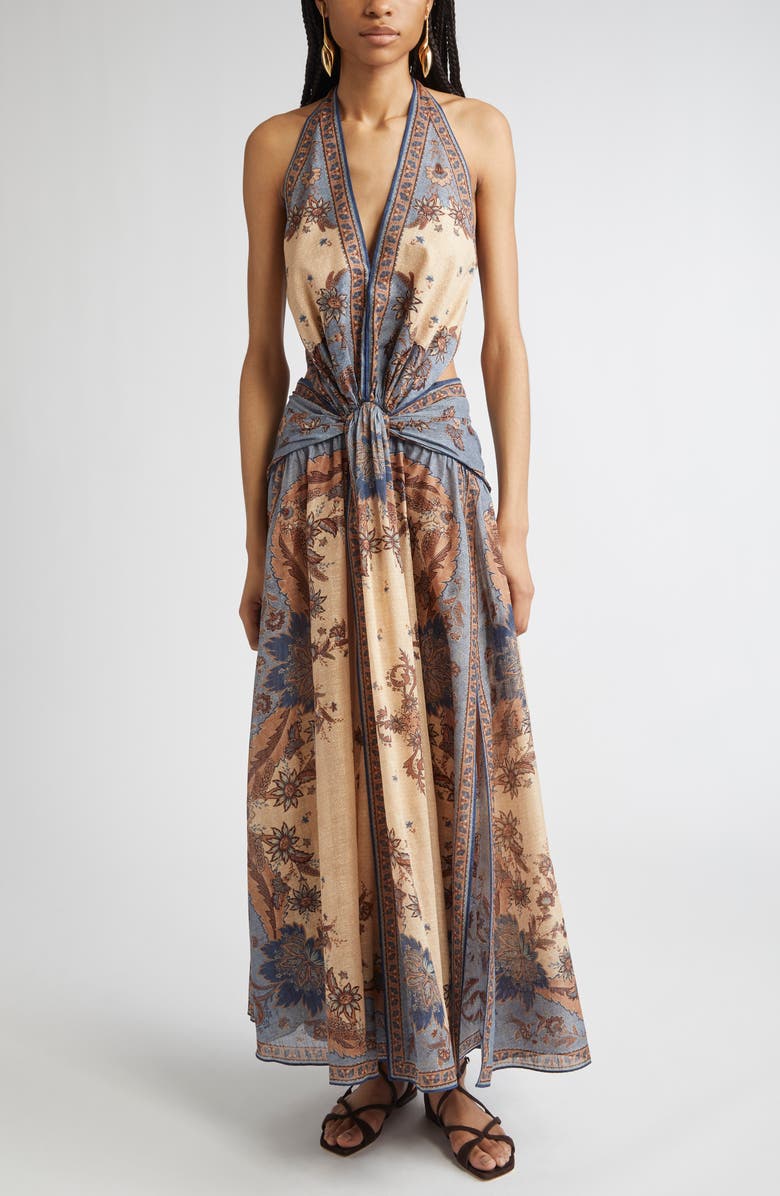 Zimmermann Ascension Paisley Floral Halter Neck Maxi Dress, Main, color, Blue/ Cream Indienne Floral