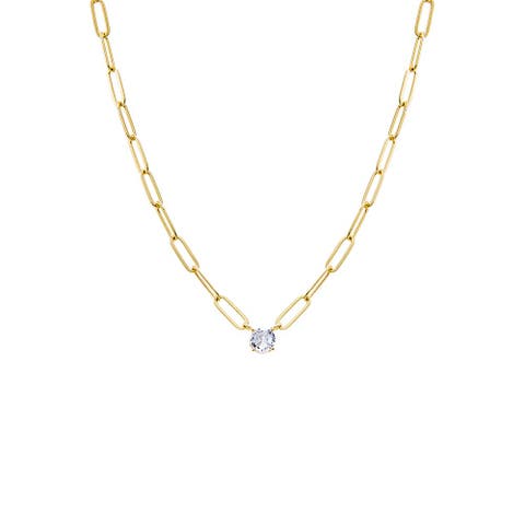 CZ Solitaire Four Prong Paperclip Necklace