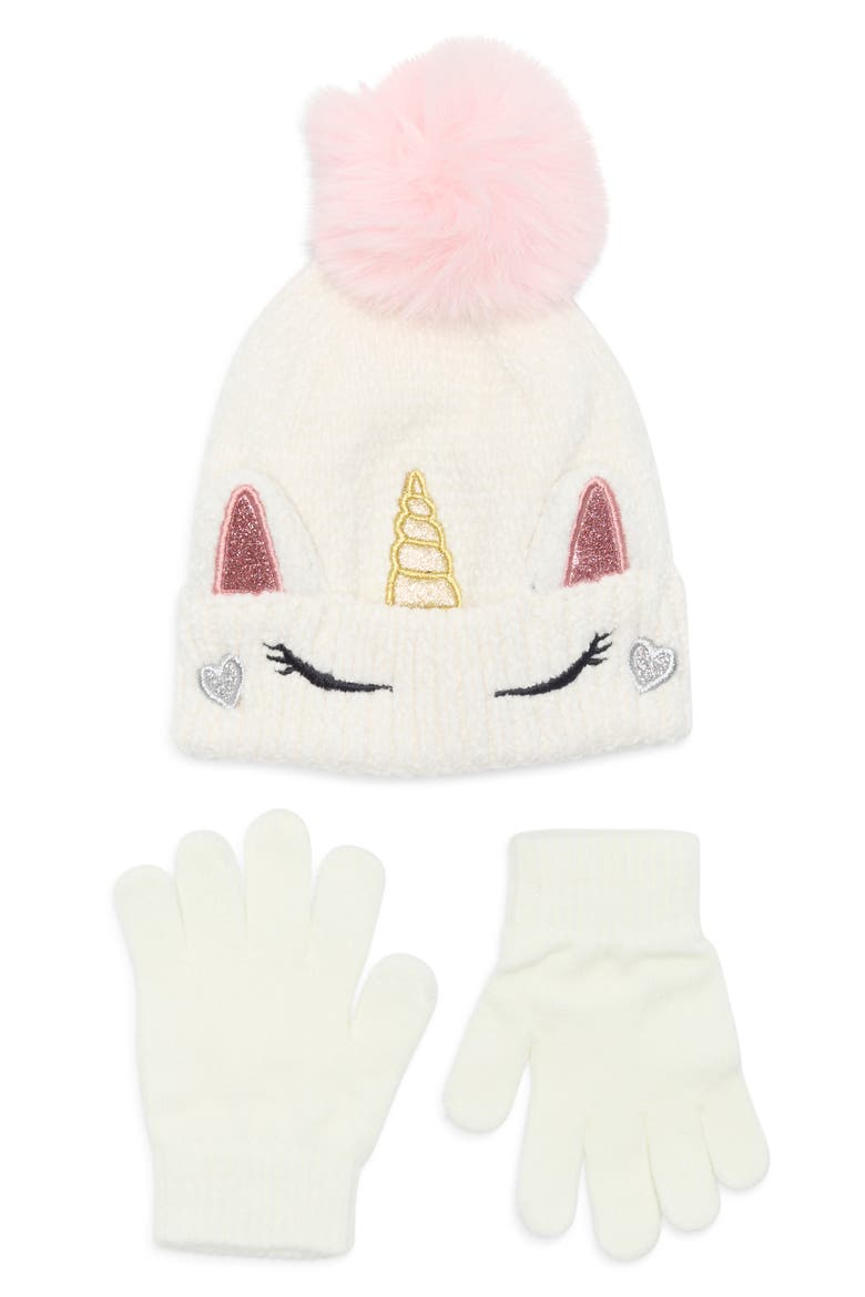 Kids' Unicorn Beanie & Gloves Set, Main, color, IVORY COMBO