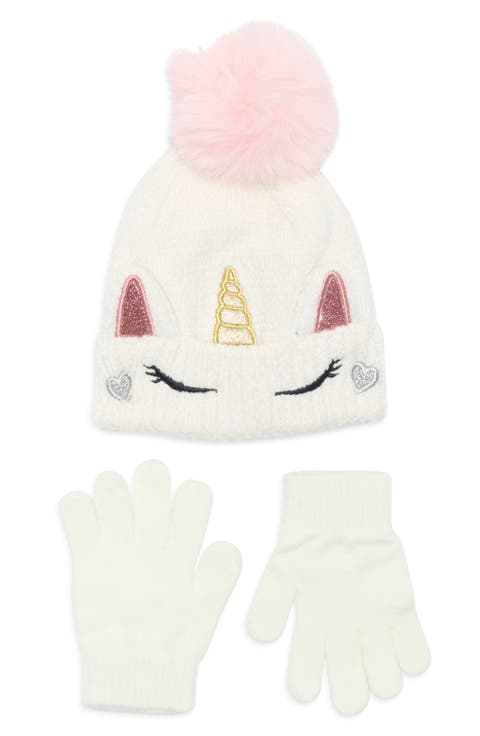 Kids' Unicorn Chenille Pompom Beanie & Gloves Set