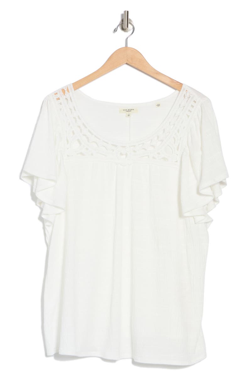 MAX STUDIO Lace Trim Flutter Sleeve Top, Alternate, color, White
