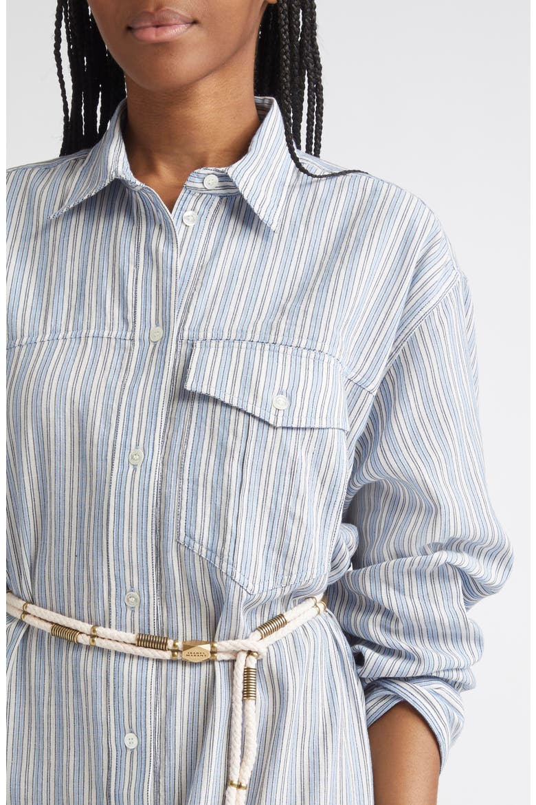 Loriane Stripe Tie Belt Long Sleeve Cotton Shirtdress, Alternate, color, BLUE