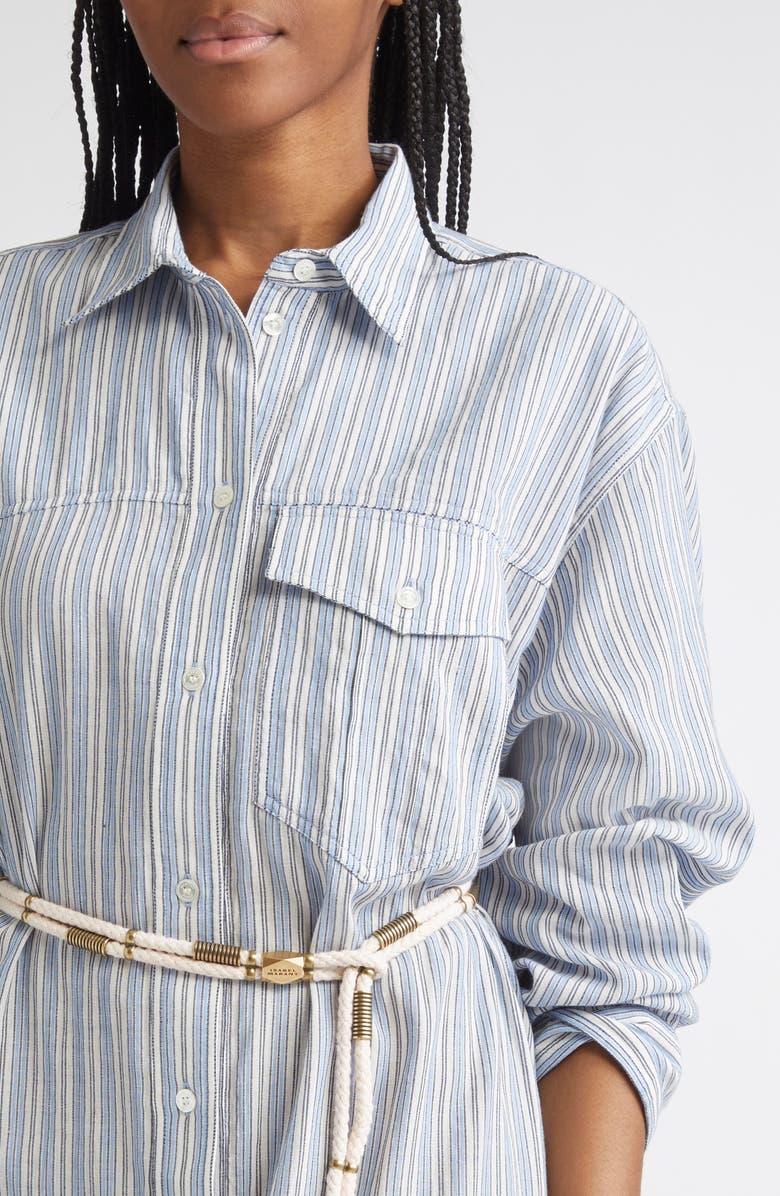 Isabel Marant Étoile Loriane Stripe Tie Belt Long Sleeve Cotton Shirtdress, Alternate, color, Blue