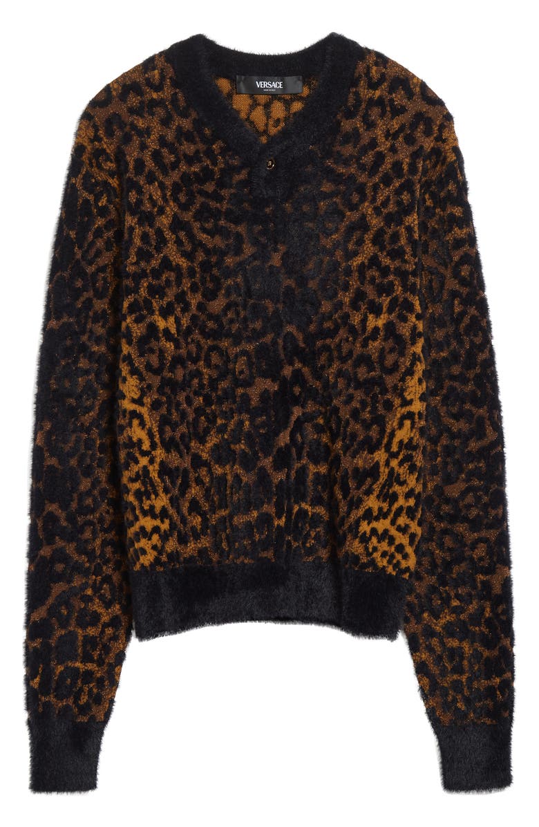 Versace Leopard Jacquard Cardigan, Alternate, color, Golden Brown/ Black