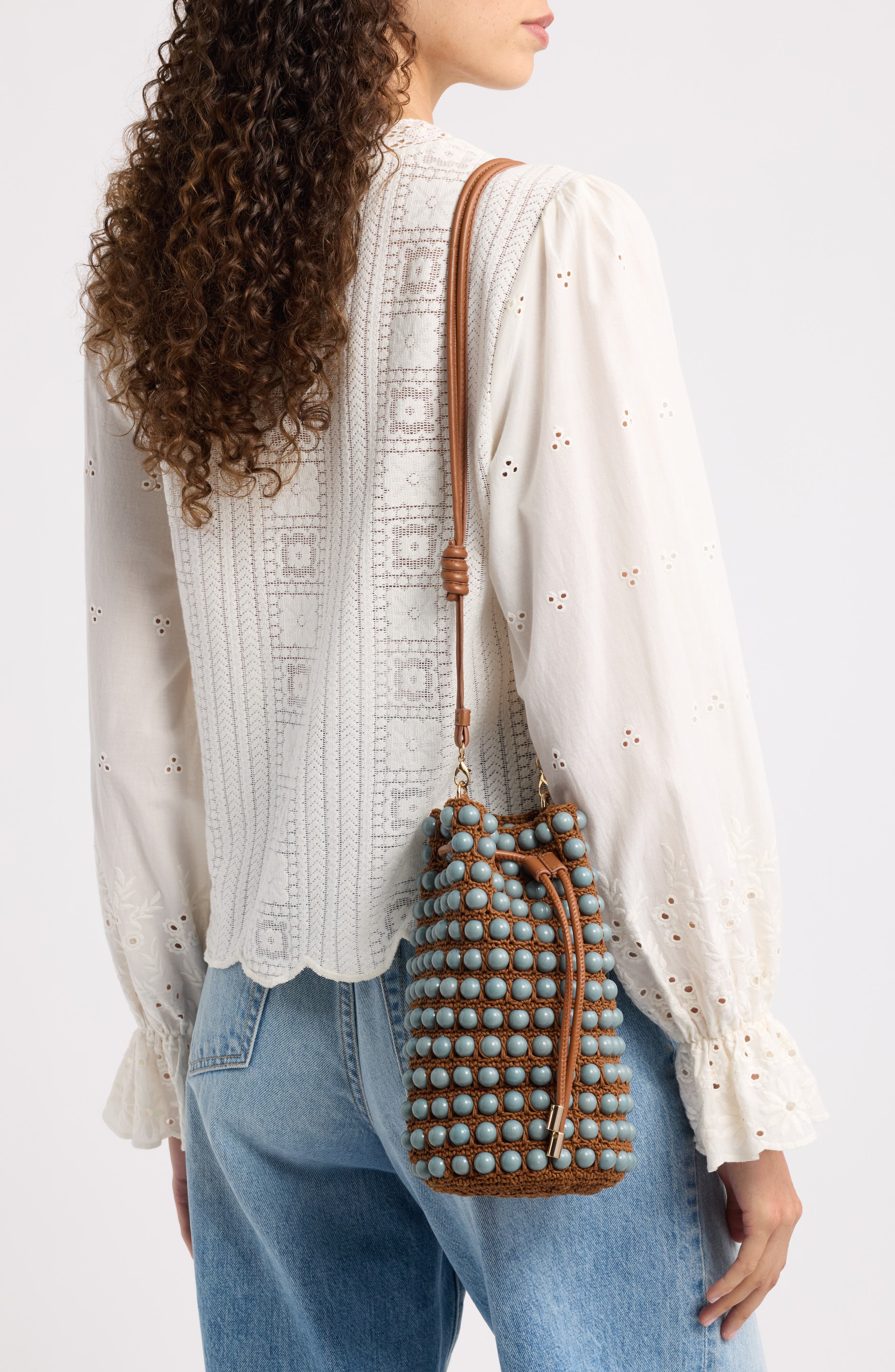 Beaded Macramé Bucket Bag, Alternate, color, NEW WALNUT STORM