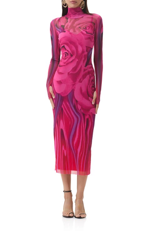 Shailene Print Long Sleeve Powermesh Body-Con Midi Dress