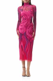 AFRM Shailene Print Long Sleeve Powermesh Body-Con Midi Dress