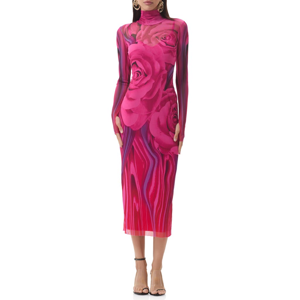 Afrm Shailene Print Long Sleeve Powermesh Body-con Midi Dress In Pink