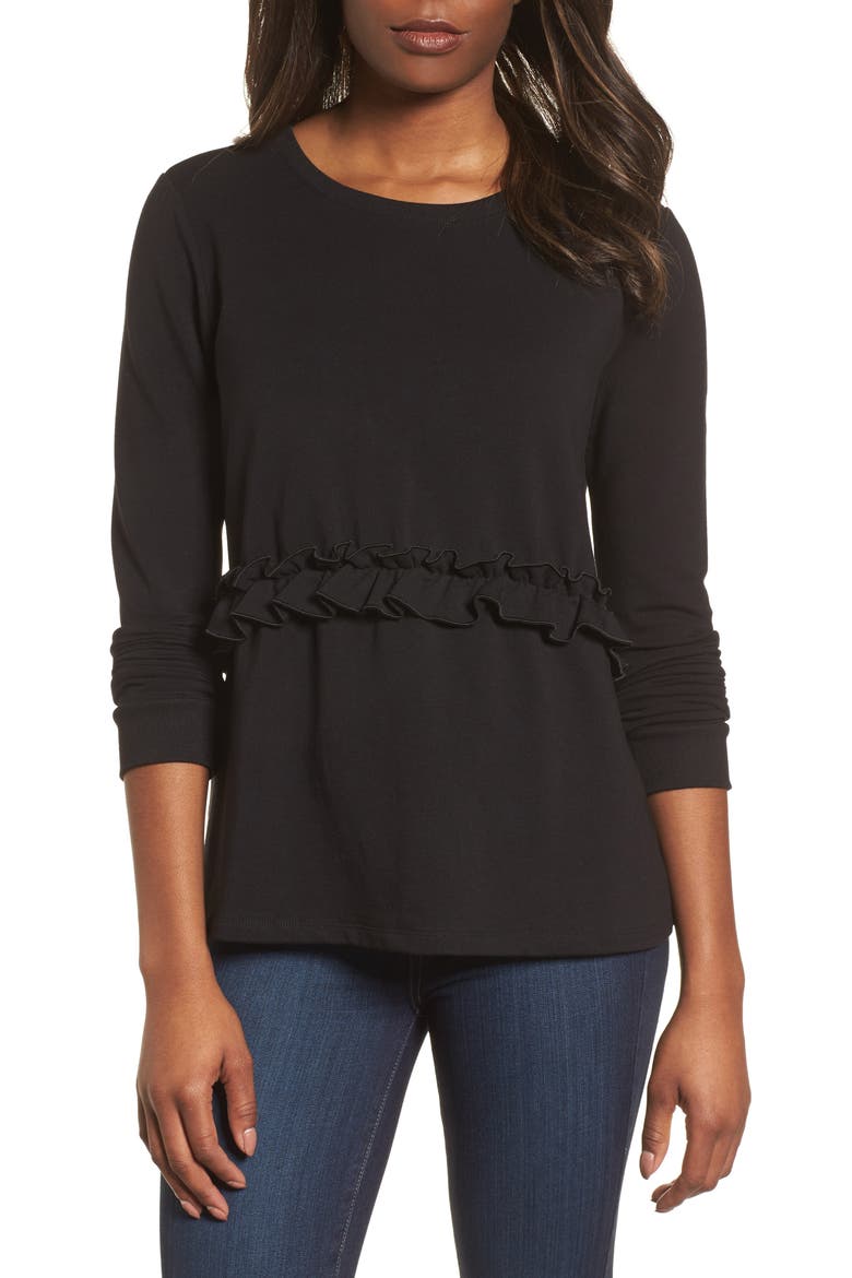 Ruffle Sweatshirt, Main, color, BLACK