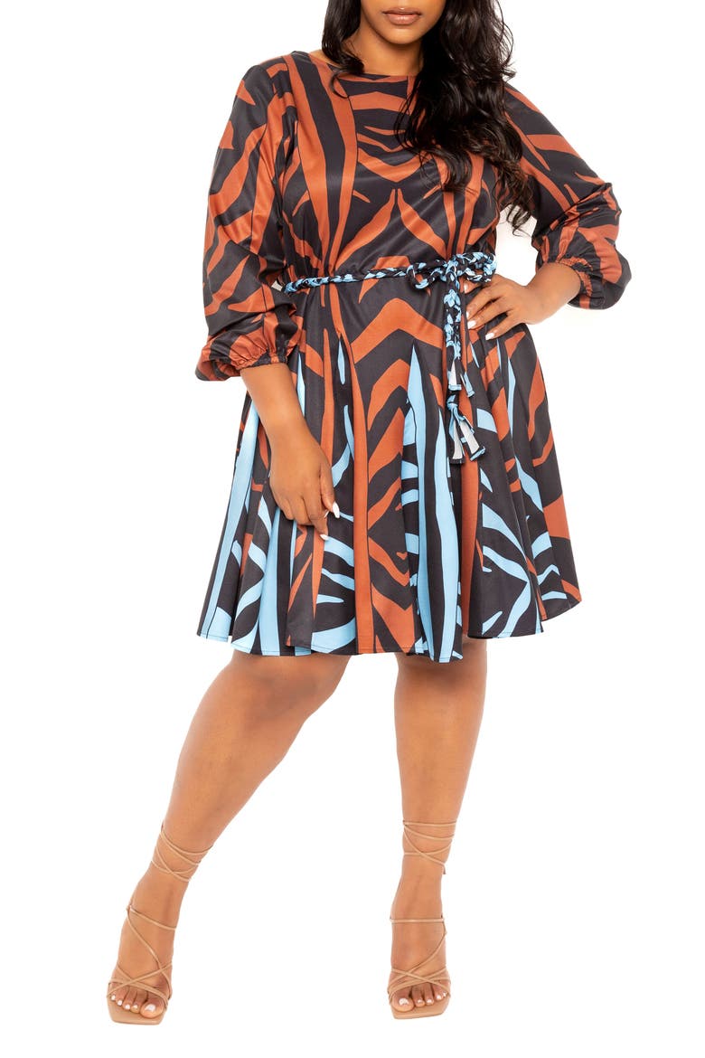 Bishop Sleeve Belted Fit & Flare Dress, Main, color, BROWN MULTI