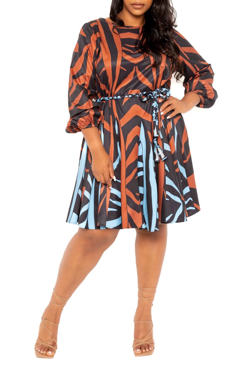 BUXOM COUTURE Bishop Sleeve Belted Fit & Flare Dress, Main, color, Brown Multi