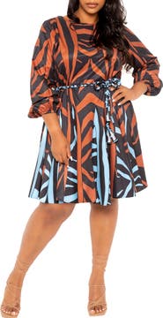 BUXOM COUTURE Bishop Sleeve Belted Fit & Flare Dress