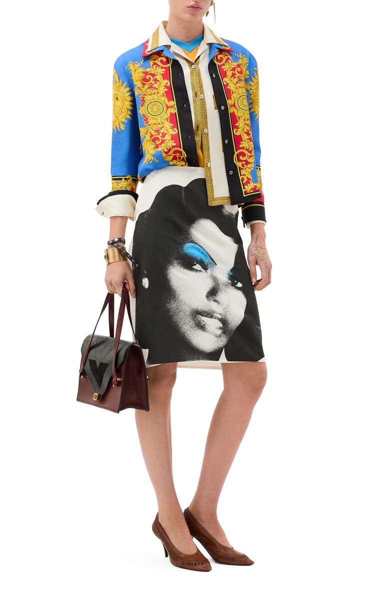 Versace Print Silk Poplin Skirt, Alternate, color, White Black Light Blue