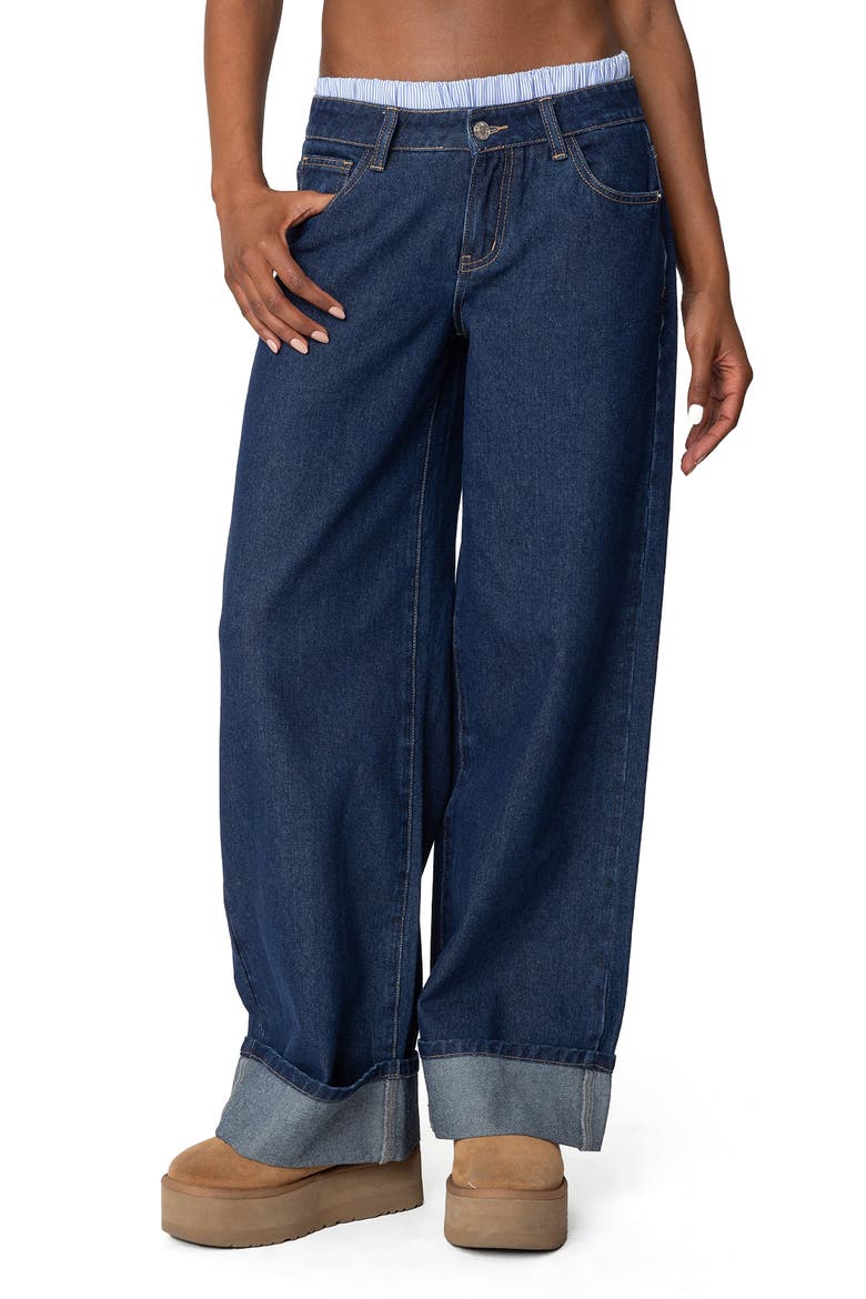 Boxer Detail Low Rise Cuffed Wide Leg Jeans, Main, color, DARK-BLUE