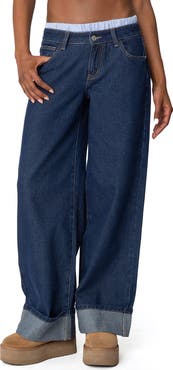 EDIKTED Boxer Detail Low Rise Cuffed Wide Leg Jeans