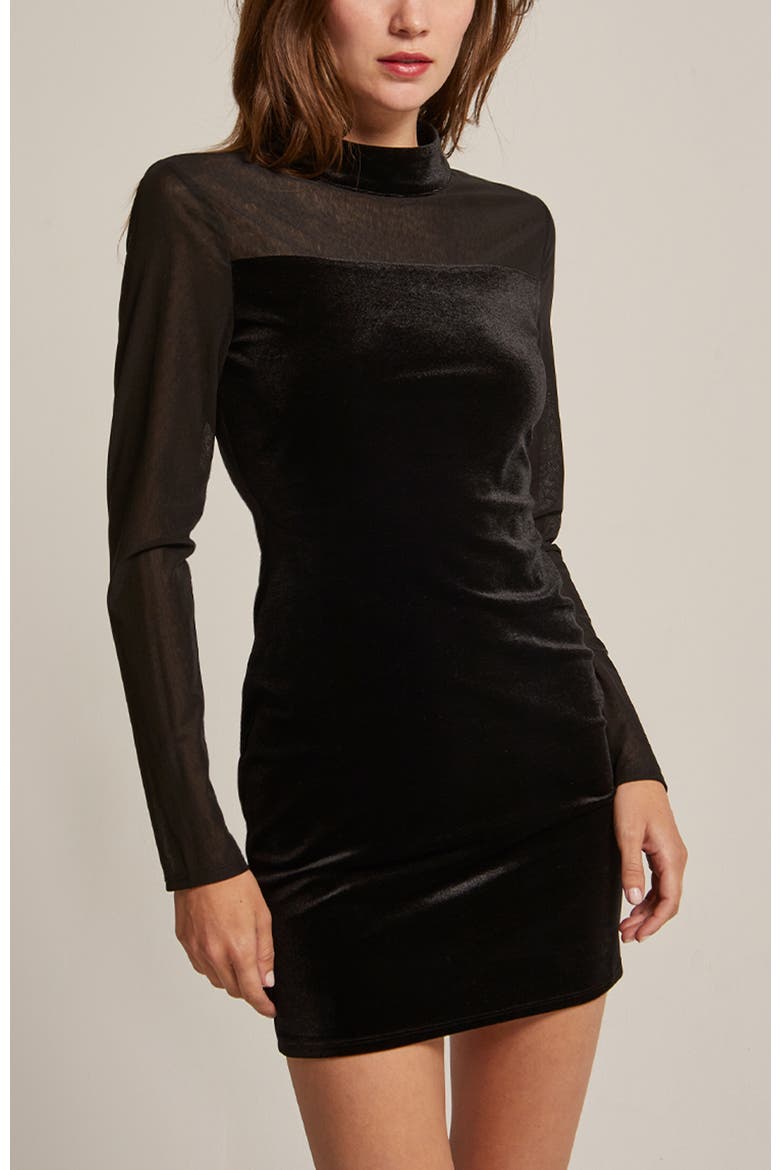 Mock Neck Mixed Media Velvet Mini Dress, Main, color, Black