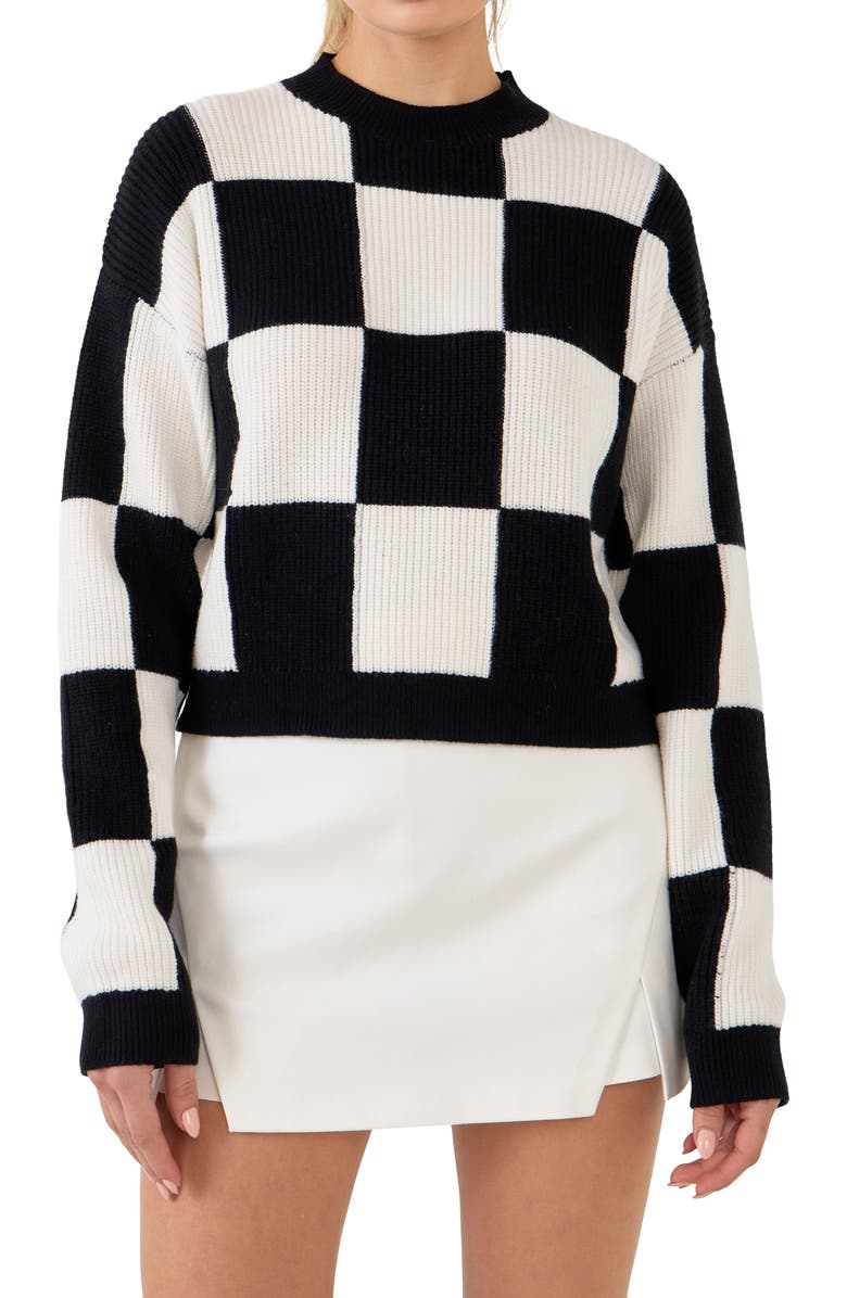 Grey Lab Checkerboard Cotton Blend Crewneck Sweater, Main, color, 