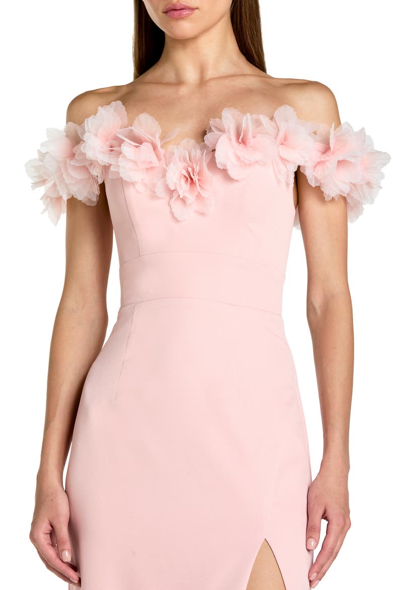 Off The Shoulder Column Gown With 3D Flowers, Alternate, color, Dusty Rose