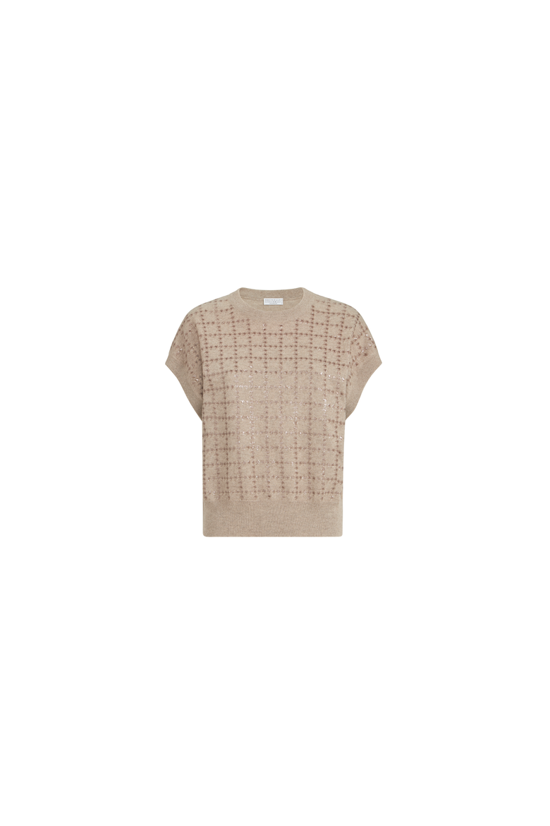 Cashmere knit t-shirt with dazzling windowpane embroidery, Alternate, color, Beige