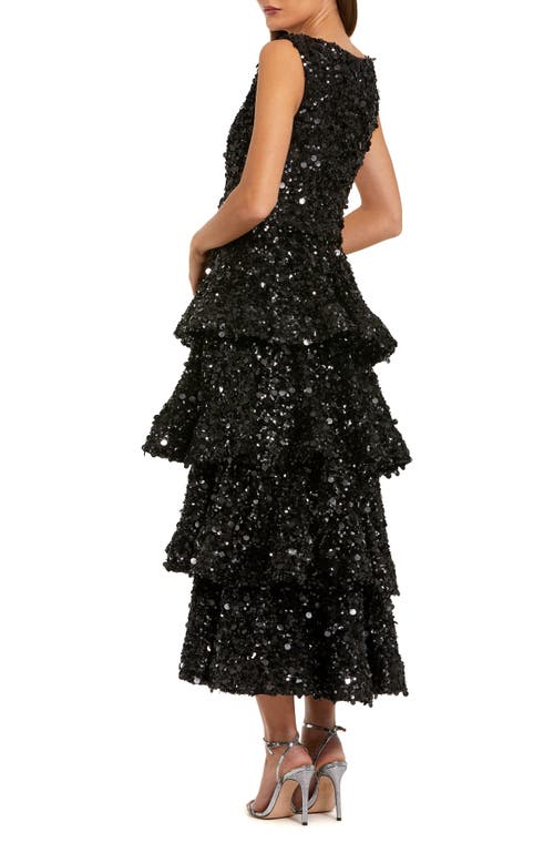 Mac Duggal Sleeveless Sequin Ruffle Midi Dress With Belt In Black