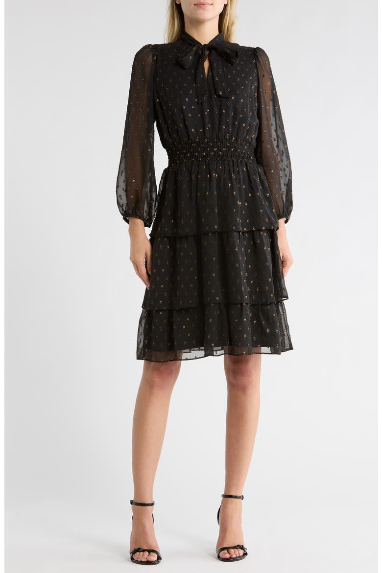 Tie Neck Long Sleeve Smocked Midi Dress, Main, color, BLACK/ GOLD