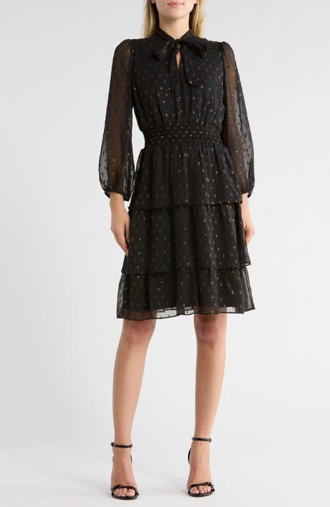 Tie Neck Long Sleeve Smocked Midi Dress