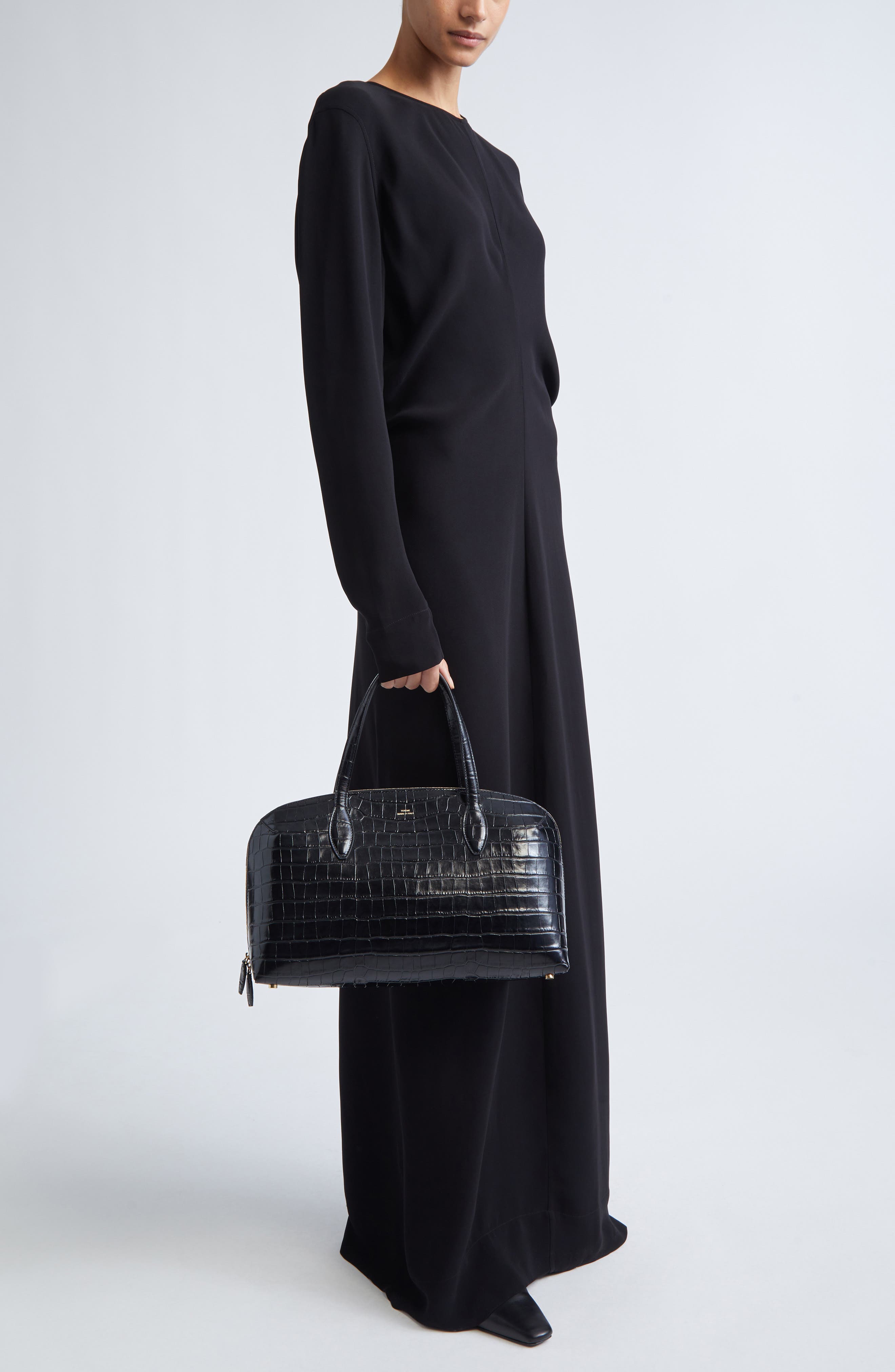 TOTEME Medium Lounge Croc Embossed Leather Tote, Alternate, color, Black