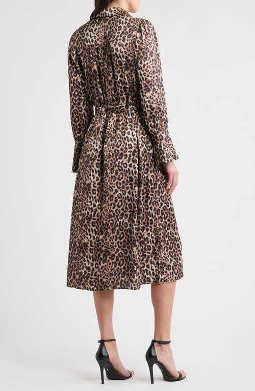 Julia Jordan Leopard Print Long Sleeve Midi Shirtdress In Brown
