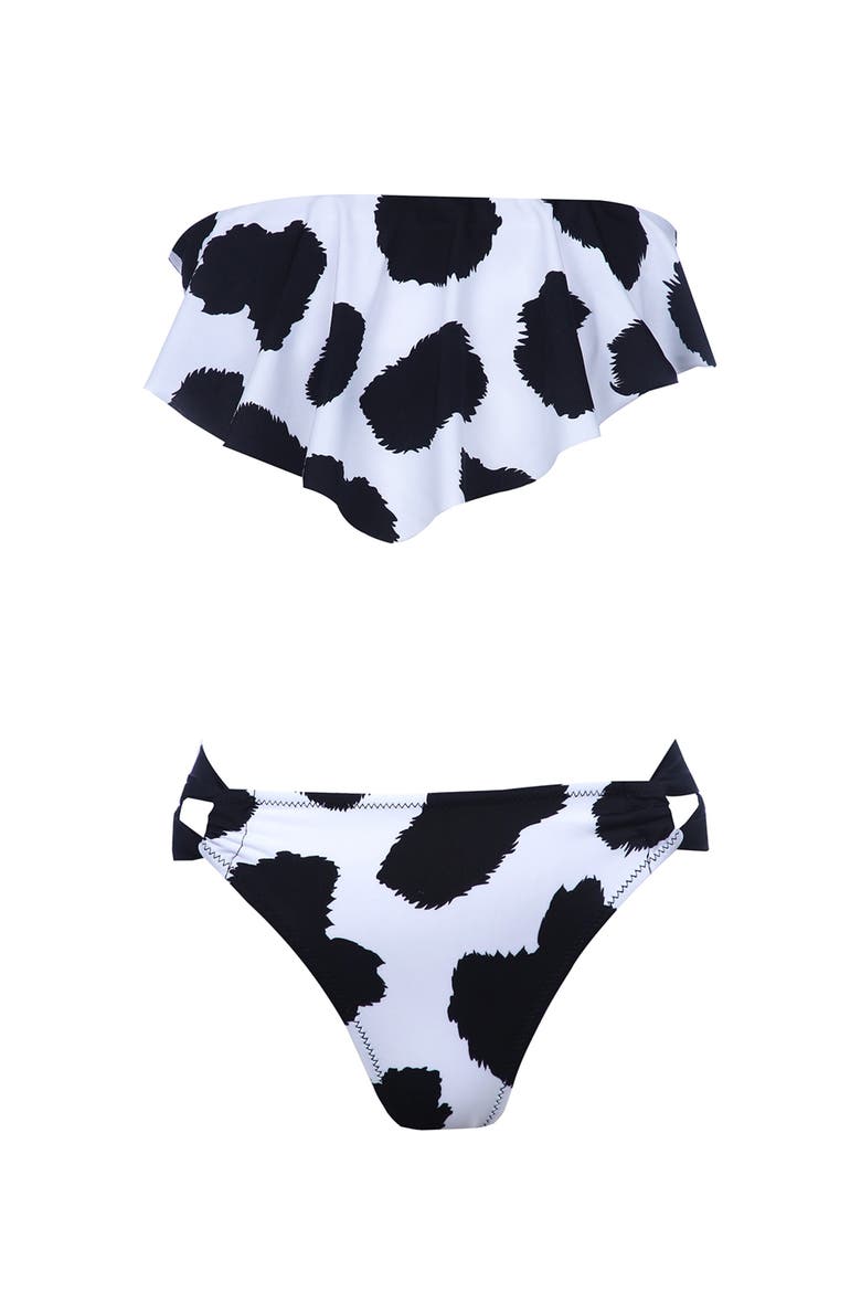 Kids' Straplez Cow Print Two Piece Bikini, Main, color, White-Black