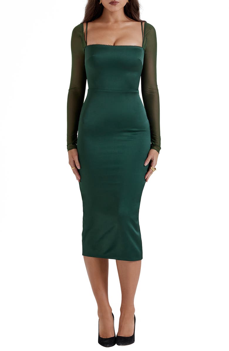 HOUSE OF CB Ellica Long Sleeve Satin Sheath Cocktail Dress, Main, color, Emerald Green