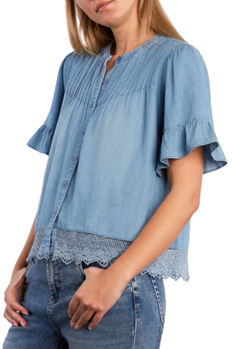 Pleat Button-Up Top, Alternate, color, PURE DENIM